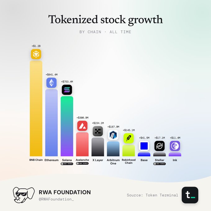 A bar chart titled 'Tokenized stock growth' displaying data 'BY CHAIN · ALL TIME', with BNB Chain leading at '+$1.2B', followed by Ethereum, Solana, Avalanche, and others, sourced from 'Token Terminal' and branded with 'RWA Foundation'.