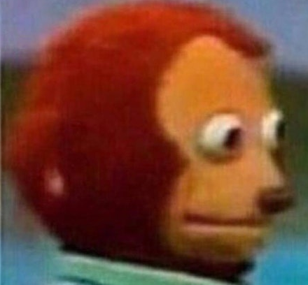 A close-up of the red puppet character from "Don't Hug Me I'm Scared" with wide, anxious eyes and a tense expression. The image pairs with the caption "Alright alright, back to checking coins," conveying a stressed, slightly frantic mood as the character nervously refocuses on examining coins.