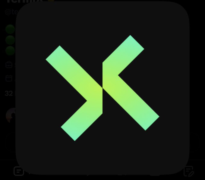 A green gradient logo resembling the letters 'K' or an 'X' shape on a dark background, with partial user interface elements and the handle '@te...' visible behind it.