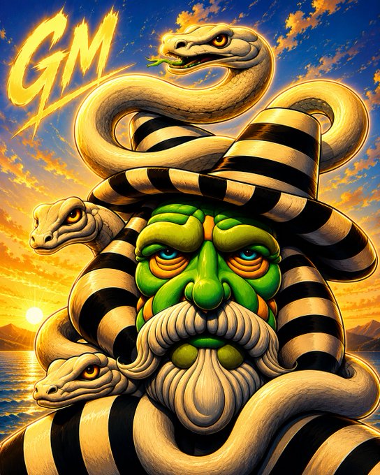 The image features a cartoon man with a long beard wearing a hat that has snakes wrapped around his neck. The background of the image shows a sunset over water, creating an artistic and surreal atmosphere. The caption for the image reads "Good morning CT On @XOOBNetwork", which suggests that the creator is actively participating in the community or sharing their work on social media platforms.

The post also mentions the importance of consistency and staying active, as it seems to be gaining traction over time. This can be seen from the increasing number of likes, comments, and shares the image has received. The creators who are consistently showing up, contributing, and staying active are separating themselves from those chasing short-term hype or trends.

Lastly, there is a reference to @useTria in the caption, which might be related to the content creator's work on Web3 platforms.