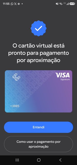 A mobile app screenshot in Portuguese confirming a virtual Visa Signature card is ready for contactless payment ("O cartão virtual está pronto para pagamento por aproximação"), showing card number ending in 3885.