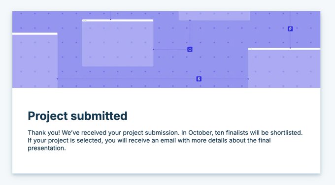 A confirmation webpage displays 'Project submitted' with a thank you message stating ten finalists will be shortlisted in October.