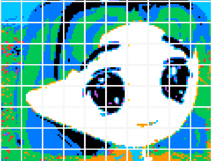 A pixelated, glitchy rendition of the "Milady" meme character's face, constructed from a grid of colorful blocks in green, blue, black, white, and orange hues, evoking the chaotic aesthetic of NFT digital art.