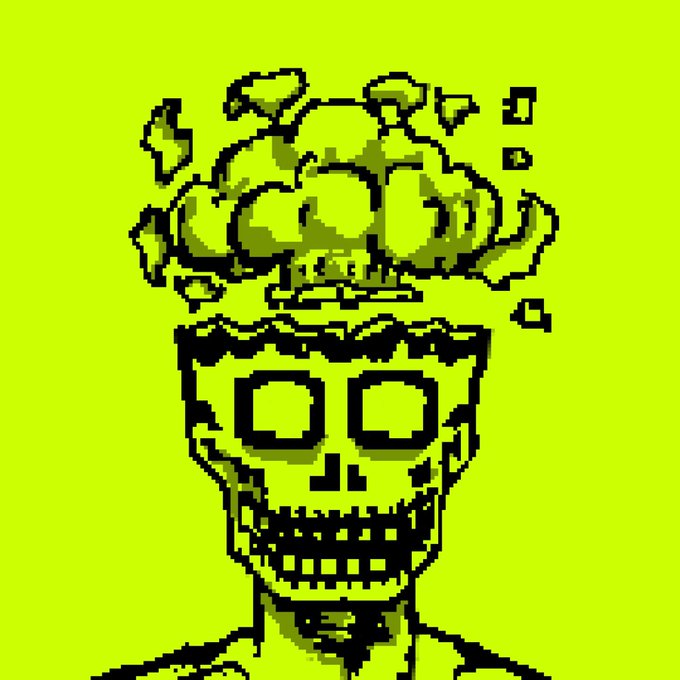 A pixel-art style illustration of a skull with a wide grinning mouth on a lime green background, with a brain exploding out of the top.