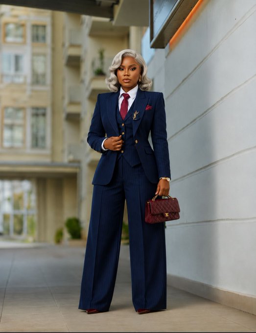 A stylish woman with silver-white hair wearing a navy blue pinstripe three-piece suit with a burgundy tie, holding a quilted maroon handbag, standing in an urban setting.