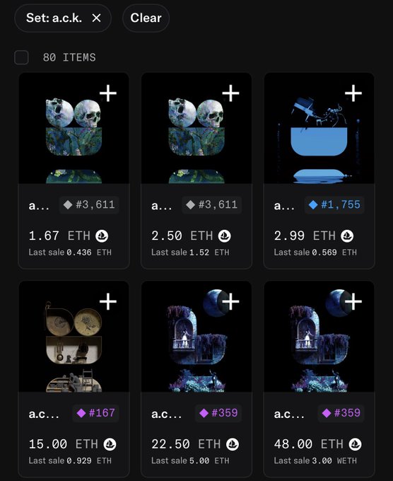 An NFT marketplace listing showing items from the 'a.c.k.' collection with various ETH prices, including skull-themed items and a small white bag.