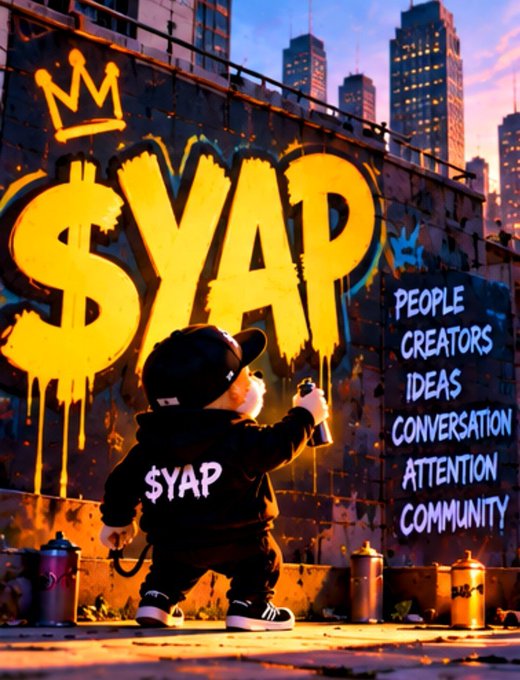 A street art-style illustration showing a figure spray-painting '$YAP' on a wall, with the words 'PEOPLE, CREATORS, IDEAS, CONVERSATION, ATTENTION, COMMUNITY' listed beside it under a crown logo.