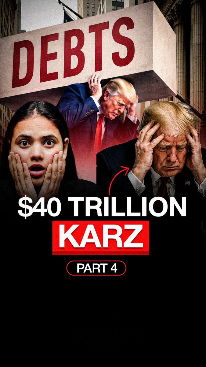 A dramatic thumbnail showing Alexandria Ocasio-Cortez (AOC) with a shocked expression and Donald Trump carrying a massive "$40 TRILLION DEBTS" block on his shoulders, with bold text reading "$40 TRILLION KARZ - PART 4" — visually reinforcing the post's question about how America will tackle its $40 trillion national debt using Bitcoin.