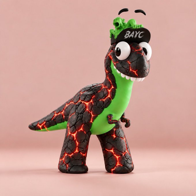 A 3D-rendered toy figure of a dinosaur with glowing red lava cracks on a black body, featuring a green frog wearing a black 'BAYC' hat on its head, set against a pink background.