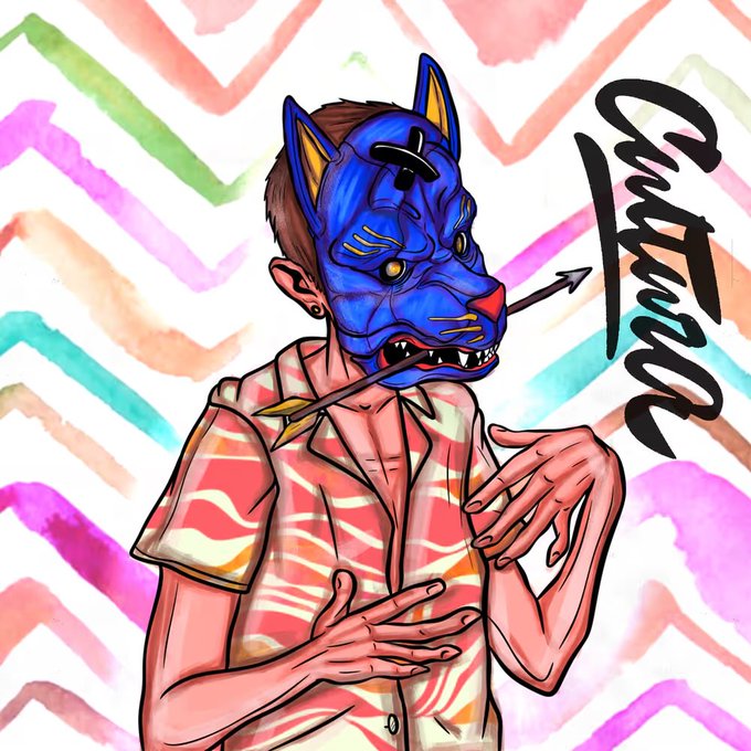 A vibrant digital illustration depicts a person wearing a striking blue kitsune-style fox mask with yellow inner ears, yellow eyes, and bared fangs, holding a black arrow horizontally in their mouth while making expressive hand gestures against a colorful watercolor chevron background in pastel rainbow hues, with the stylized text "Funkari" displayed prominently on the right side, tying directly into the post's enthusiastic celebration of joining the Funkari community.