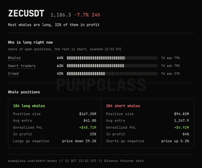 A cryptocurrency analytics dashboard from pumpglass.com showing ZECUSDT data, including long/short whale positions and percentage breakdowns.