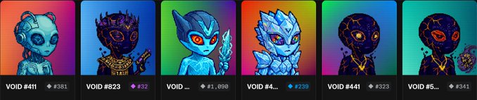 A row of six NFT-style digital collectible cards featuring colorful alien-like characters labeled 'VOID #411', 'VOID #823', and others with associated prices and numbers.