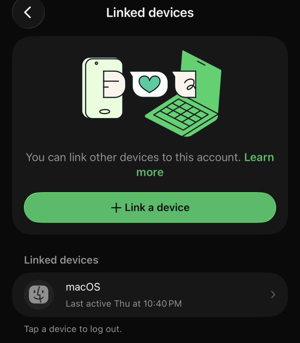 The image shows a Spotify "Linked devices" settings screen displaying one linked device—a macOS computer that was "Last active Thu at 10:40 PM"—with instructions to "Tap a device to log out."

This relates to the post "Guys, I'm fucked" because the person likely realized they forgot to log out of their Spotify on a public or shared computer, meaning someone else could access (or already has accessed) their account and listening history.