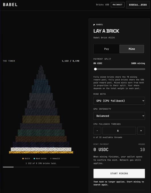 The image depicts a Tower of Babel mining interface on ARC Chain, showing a pyramid visualization with "1,132 / 8,198 bricks laid" for Babel Brick #1134, featuring a payment split slider set to 0% USDC / 100% mining and a "START MINING" button. It directly relates to the post by showcasing the free mining interface at towerofbabel.fly.dev.