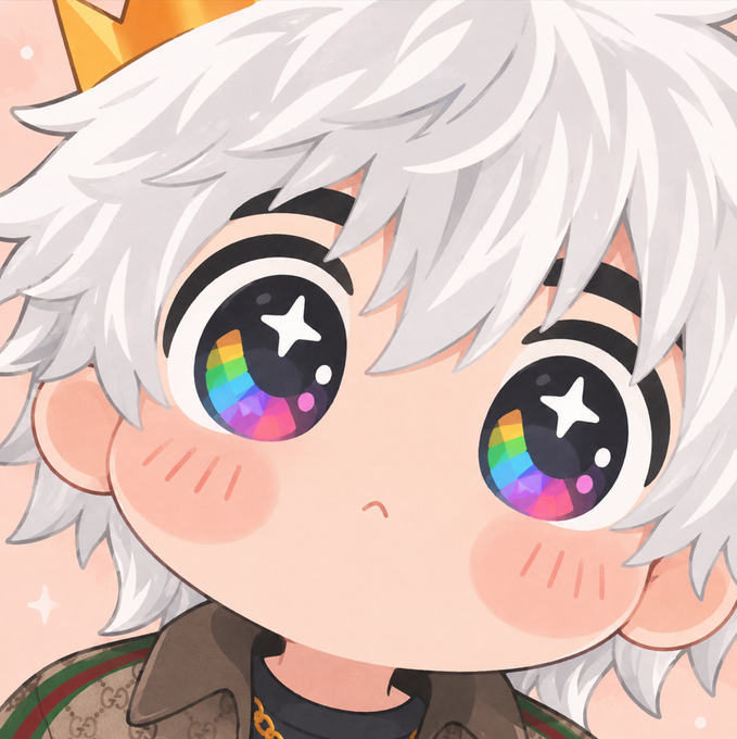 Anime-style chibi character with white hair, blush marks, and large expressive eyes featuring rainbow star and color reflections.