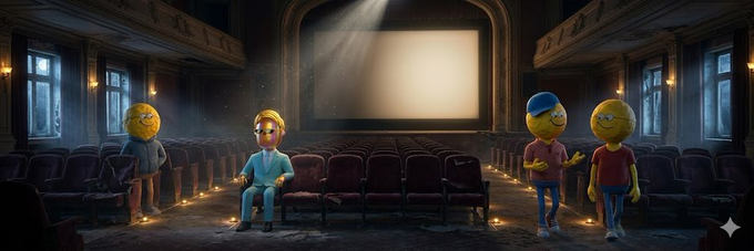 Four emoji-style characters stand among rows of empty theater seats inside a dim, classical cinema hall, with a blank screen illuminated behind them. The atmospheric, anticipatory scene mirrors the post's message of patience and future progress, evoking the feeling of waiting for something significant to be revealed "tomorrow."