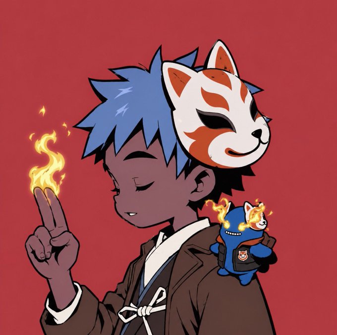 An anime-style illustration of a blue-haired character wearing a kitsune (fox) mask, holding up two fingers with a small flame, alongside a small blue fox companion on a red background.