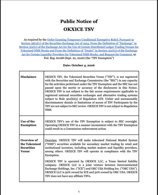 A "Public Notice of OKXICE TSV" dated October 4, 2026, describing the Tokenized Securities Venue (TSV) exemption under SEC regulations, including disclaimers, use of exemption, and overview of the venue operated by OKXICE LLC.