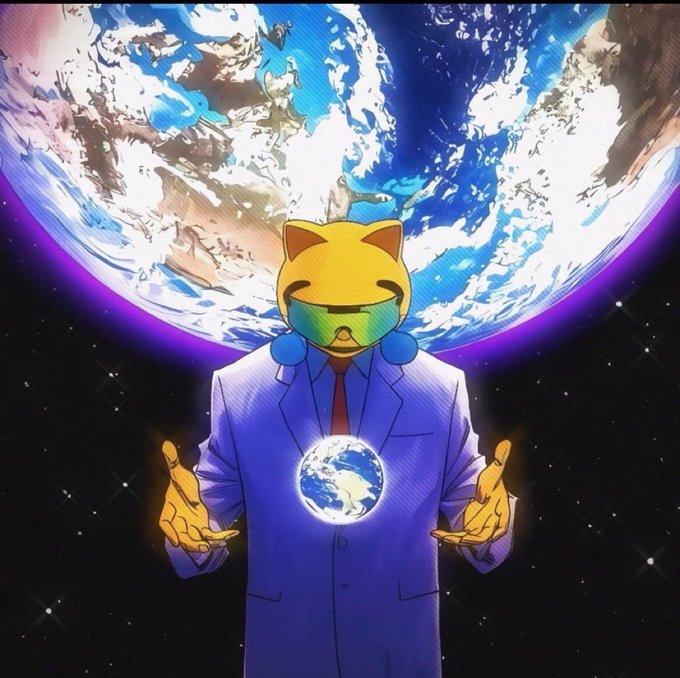 An illustration depicts an anthropomorphic yellow dog character in a blue suit and tie wearing futuristic sunglasses, holding a glowing Earth against a backdrop of a large planet in space.