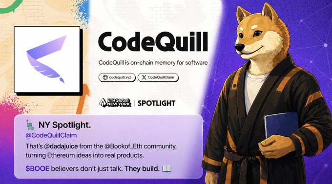 The image features a cartoon dog wearing a robe with a book in its paws. The background of the image has various colors, including purple, blue, green, and orange. The text displayed on the image reads "CodeQuill" and "ETHGlobal NY Spotlight". The caption below the image provides information about the post's content, stating that it is from the @Bookof_Eth community and that they are turning Ethereum ideas into real products.