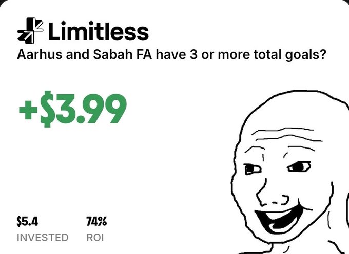 A Limitless prediction market ad for 'Aarhus and Sabah FA have 3 or more total goals?' showing a potential +$3.99 return on $5.4 invested (74% ROI), featuring the classic 'Wojak' meme face.