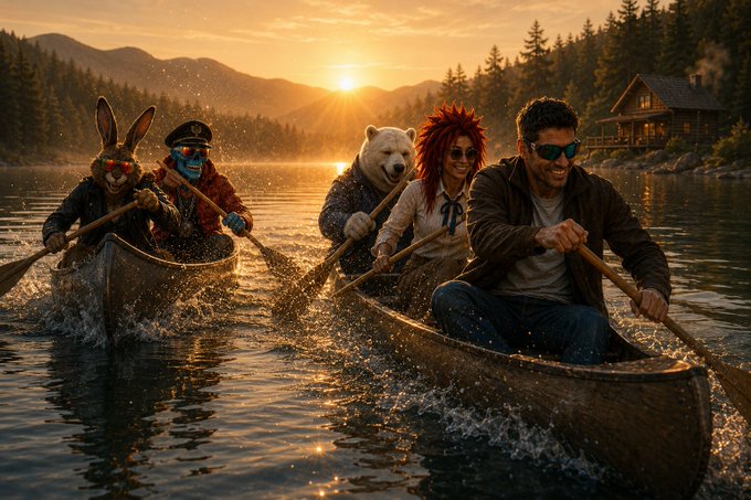 A surreal scene of a canoe race at sunset on a mountain lake, featuring a man paddling alongside costumed characters including a rabbit, bear, and red-haired figure, with a cabin visible on the forested shore.