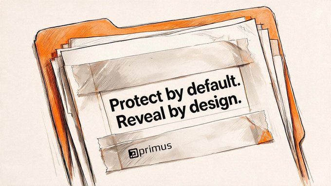 An illustrated orange folder containing a taped paper with the text 'Protect by default. Reveal by design.' alongside the 'primus' logo.