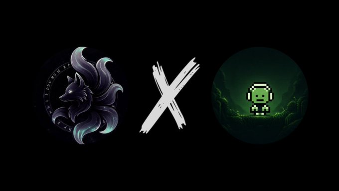 A black background displays two circular digital art pieces separated by a white brushstroke 'X': on the left is a dark mystical wolf or fox, and on the right is a small green pixel-art character in a forest.