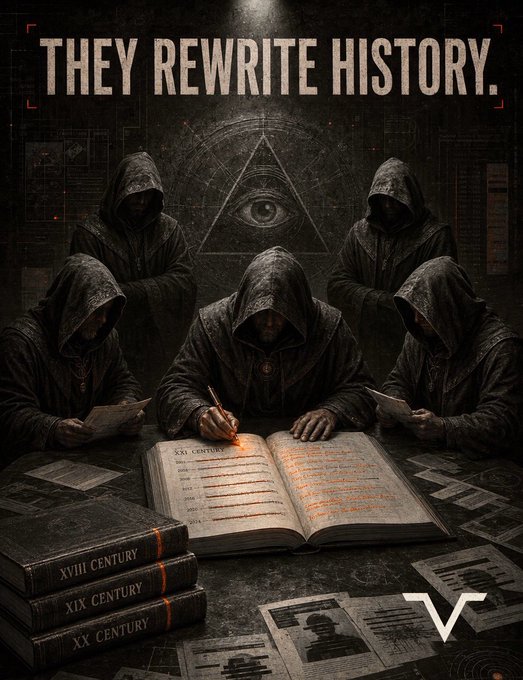 A dark, conspiratorial illustration of hooded figures writing in books labeled with centuries (XVIII, XIX, XX, XXI), with the text 'THEY REWRITE HISTORY.' and an all-seeing eye.
