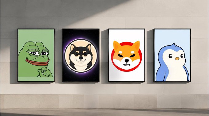 Four framed art prints displayed on a light gray tiled wall, featuring stylized cartoon characters: Pepe the Frog, a Shiba Inu dog with a purple halo, an angry Shiba Inu face, and a small blue penguin.