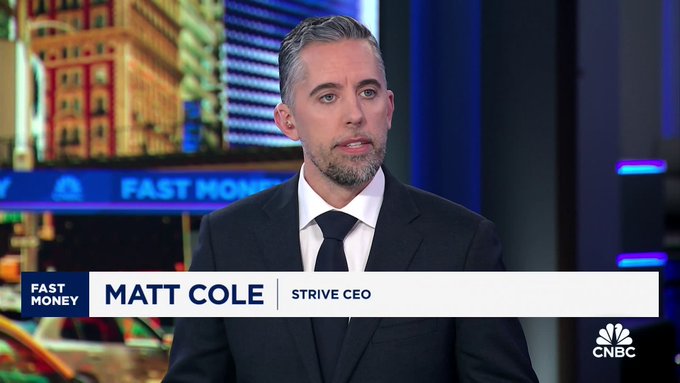 Matt Cole, Strive CEO, is shown on "Fast Money" with a CNBC logo visible. The image relates to the accompanying post by showing the person in question, Matt Cole, who is central to the described "genius" strategy.
