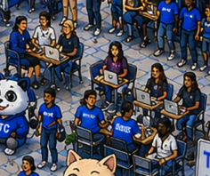 A group of diverse people sit at laptops working together in what appears to be a training or hackathon setting, with some wearing "FLock" branded shirts and a panda mascot visible. The scene visually reinforces the post's message about FLock enabling local AI model training, depicting a community of contributors collaborating on decentralized AI development on Base.
