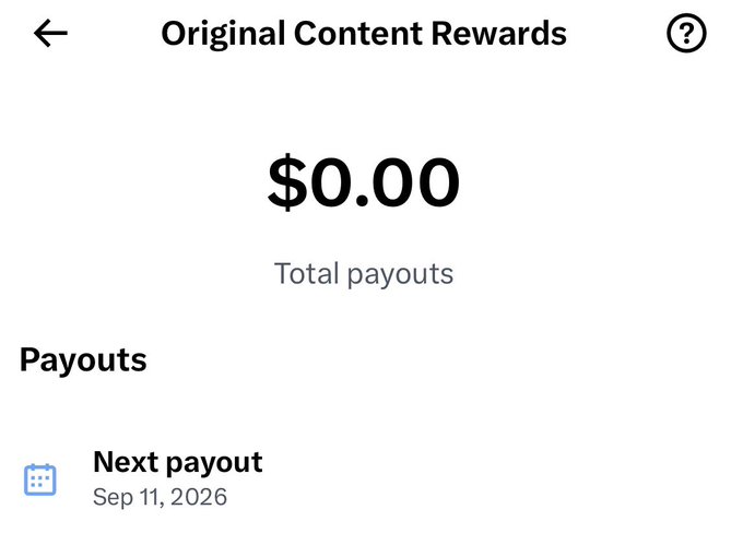An 'Original Content Rewards' screen showing $0.00 in total payouts, with a next payout scheduled for Sep 11, 2026.