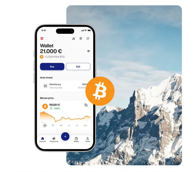 A smartphone displays the Relai app interface showing a Bitcoin wallet with a balance of €21,000 (0.23814194 BTC) and the current Bitcoin price of €99,061, overlaid against a backdrop of snow-capped mountains with an orange Bitcoin logo. The image visually reinforces the post's announcement about dramatically reducing Relai's onboarding time from ~10 hours to ~20 minutes, making it 30x faster for new users to purchase their first Bitcoin.