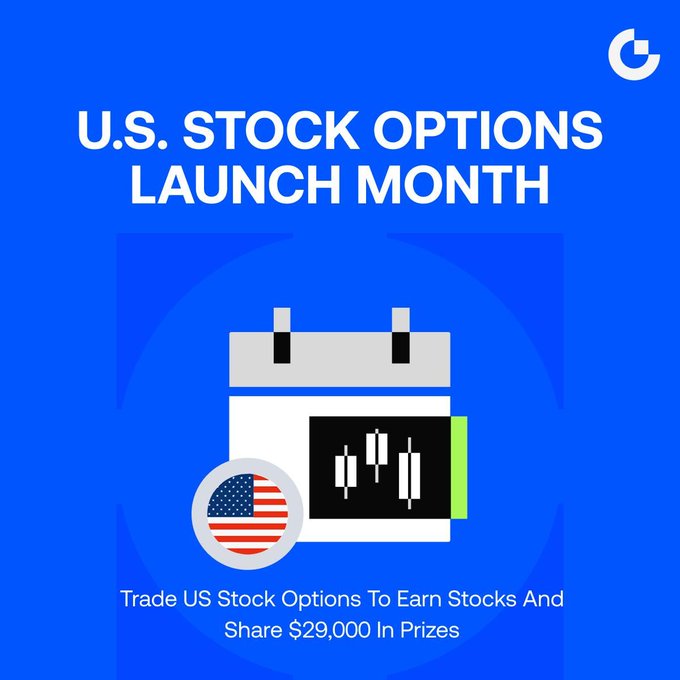 Promotional graphic from Gate announcing the launch of U.S. Stock Options, featuring a calendar icon with candlestick charts and an American flag, with text reading "Trade US Stock Options To Earn Stocks And Share $29,000 In Prizes"—aligning with the post's announcement of the new service offering free U.S. stocks for trading NVDA/TSLA/AAPL options and a weekly lucky draw prize pool totaling up to $29,000.