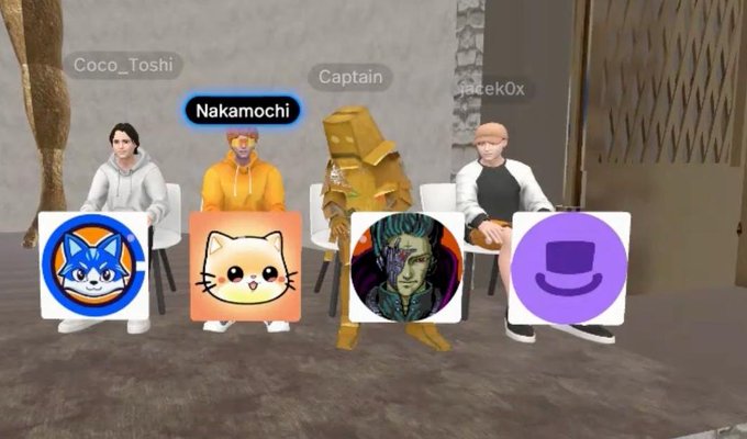 A virtual reality meeting with four avatars labeled Coco_Toshi, Nakamochi, Captain, and JacekOx, each with a profile icon displayed in front of them.