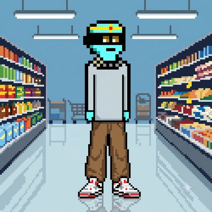 A pixel art character with blue skin and a yellow headband standing in a grocery store aisle between shelves of colorful products.