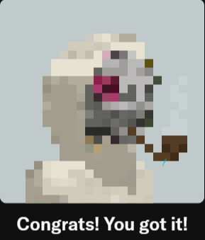 A pixel art character with a flower in its hair smoking a pipe, with text reading 'Congrats! You got it!'