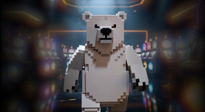 A 3D voxel-style white bear figure stands in a dark, atmospheric hall illuminated by colorful arcade-style lights in the background.