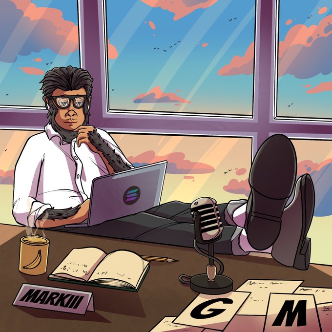 An anime-style digital illustration depicts a man with glasses and a beard sitting back in a chair with his feet on a desk, working on a laptop with a Solana logo, alongside a microphone, coffee mug, and a "MARKII" nameplate.