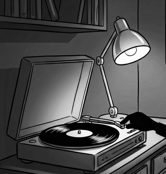 A grayscale illustration of a silhouette of a hand adjusting the tonearm on a record player, with a vinyl record spinning on the turntable and a desk lamp illuminating the scene.