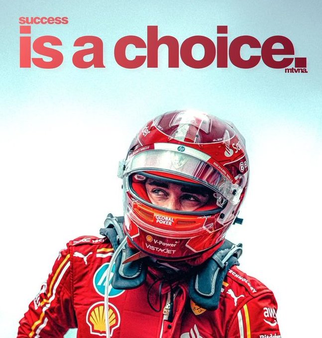 A motivational poster featuring a Formula 1 driver (appears to be Charles Leclerc) in a red Ferrari racing suit and helmet, with the bold text 'SUCCESS is a choice.' and 'mtva' branding.