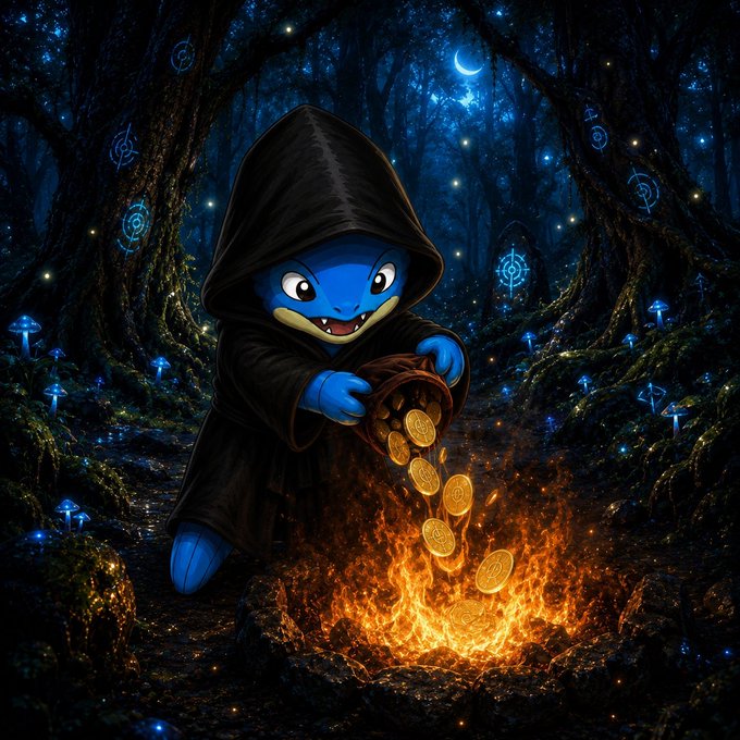 A fantasy illustration of a blue hooded creature pouring gold coins into a glowing fire within a dark mystical forest illuminated by blue mushrooms and rune-like symbols.