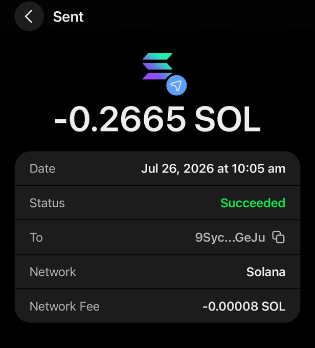 A screenshot of a successful Solana blockchain transaction showing "-0.2665 SOL" sent on Jul 26, 2026, with a network fee of -0.00008 SOL to address 9Syc...GeJu. This appears to serve as proof of payment, likely related to a giveaway or contest winner announcement from the original post encouraging retweets.