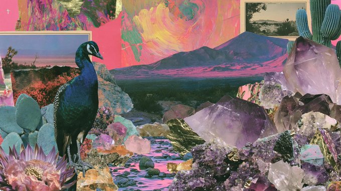 A surreal digital collage featuring a peacock among large amethyst crystals and cacti, set against a vibrant pink and orange mountain landscape.