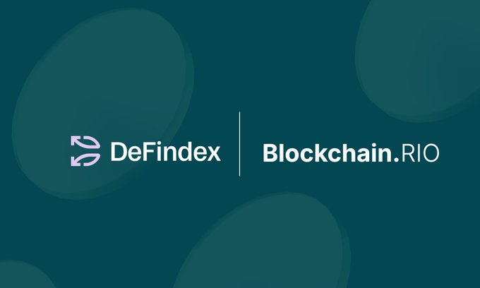 A teal background displaying the DeFindex logo alongside the text "Blockchain.RIO," indicating a partnership or event connection.