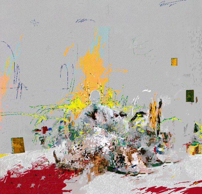 An abstract digital or mixed-media artwork featuring chaotic splashes of yellow, orange, green, red, and white paint over a gray background, with a faint central figure.