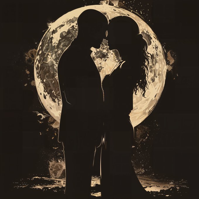 A silhouette of a couple sharing an intimate kiss against the glowing backdrop of a full moon, rendered in warm sepia tones with painterly textures and flying birds, evoking a romantic and dreamlike atmosphere fitting the moon art theme shared on objkt.com.