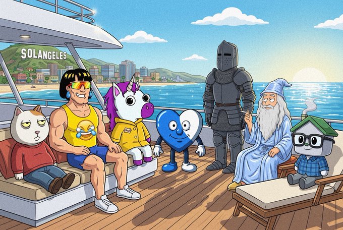 A group of cartoon characters, including a cat, a muscular man with sunglasses, a unicorn, a blue and white heart, a knight, a wizard, and a house with glasses, are gathered on a yacht with "SOLANGELLES" visible on a hill in the background, celebrating "Solangeles day."