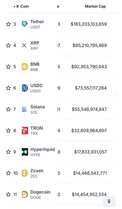 A cryptocurrency market cap ranking list showing Tether (USDT) at #3 with $183.2B, and Hyperliquid (HYPE) at #9 with $17.8B market cap.